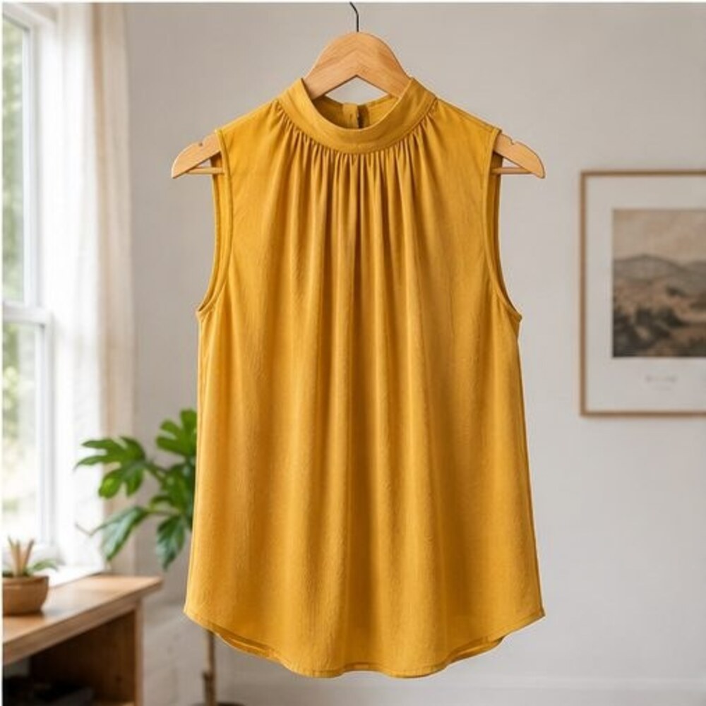 Mustard Pleated High Neck Blouse